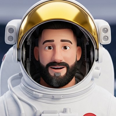 Rocketman, a friendly astronaut with a gold visor, smiling
