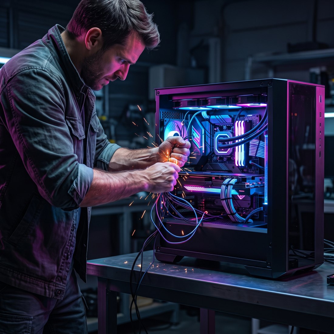 A man pulling wires out of a glowing neon gaming computer tower